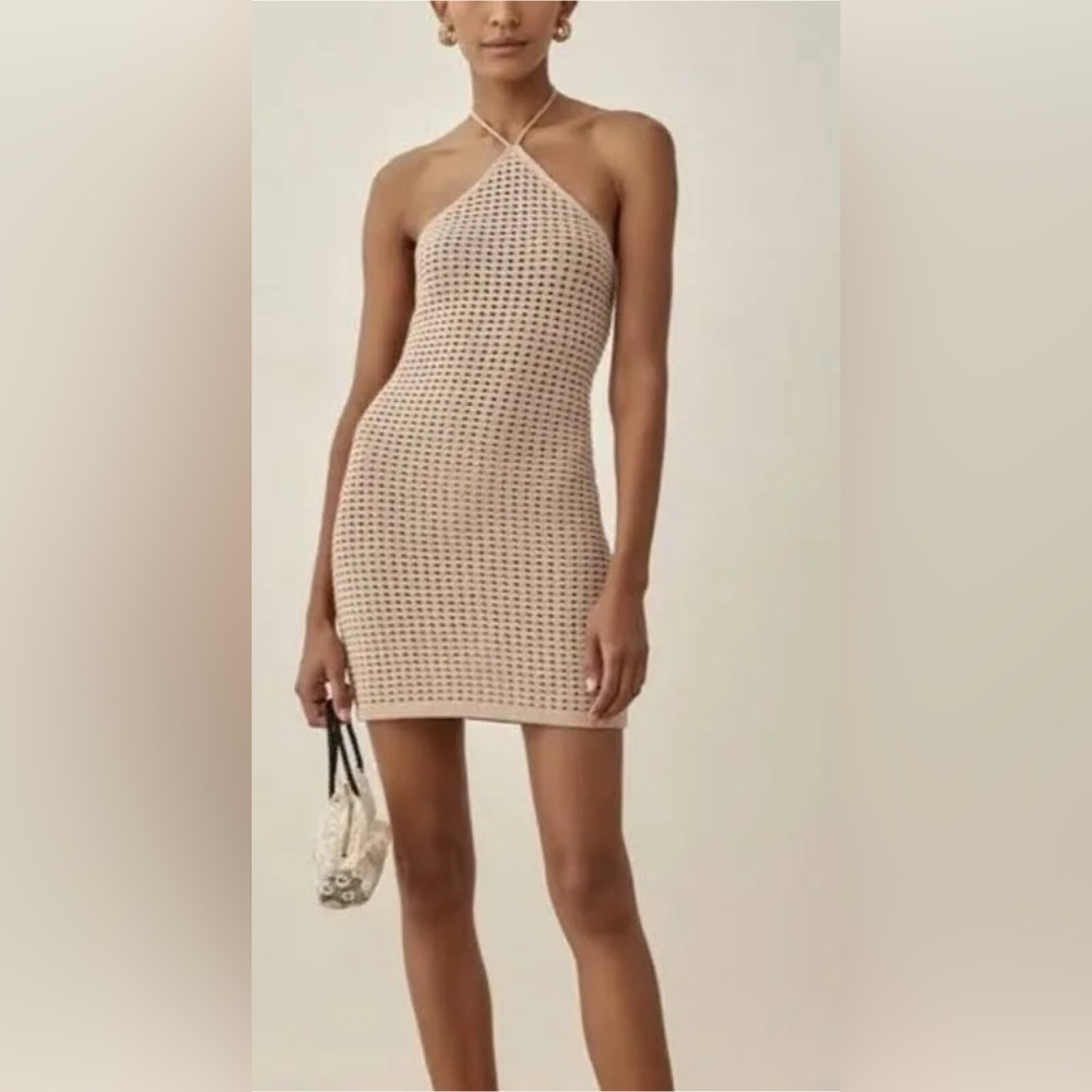 NWT! Reformation Martel Sand Open Halter Knit Crochet Mini Dress Size: L